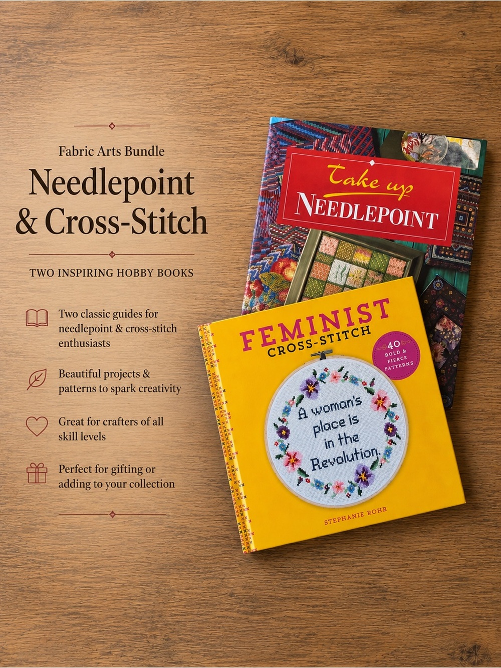 Feminist Cross-Stitch & Take Up Needlepoint Book Bundle - Yellow & Red Covers